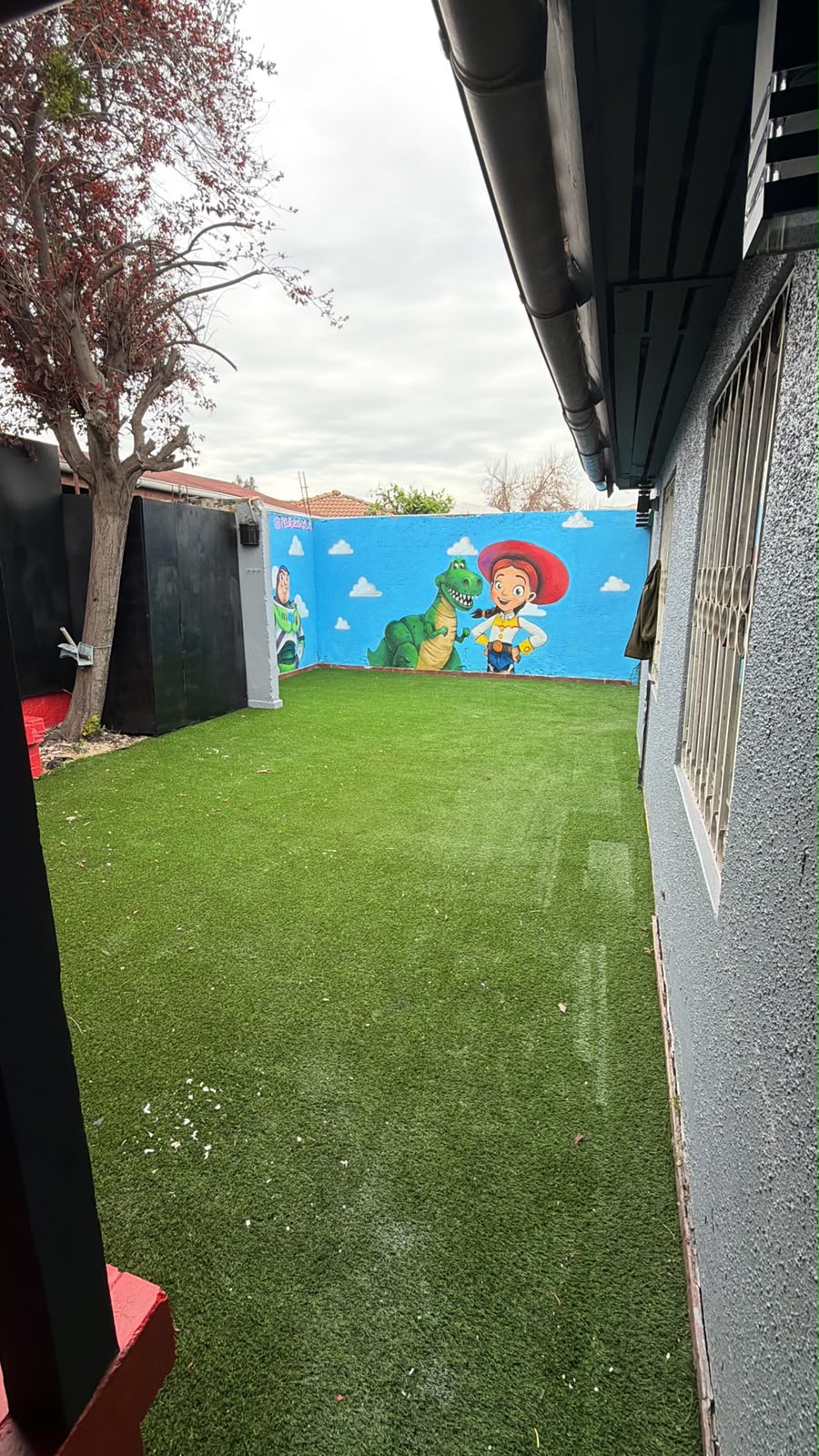 Patio con pasto y murales de personajes en Pelotero Kids